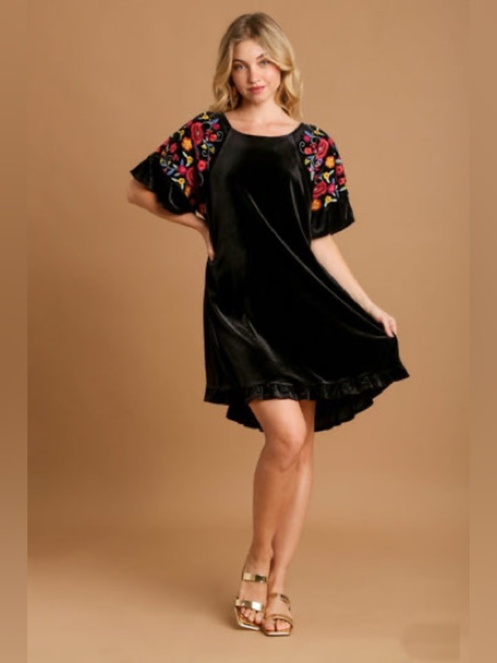 Umgee Velvet Mini Dress with Floral Embroidery in Black